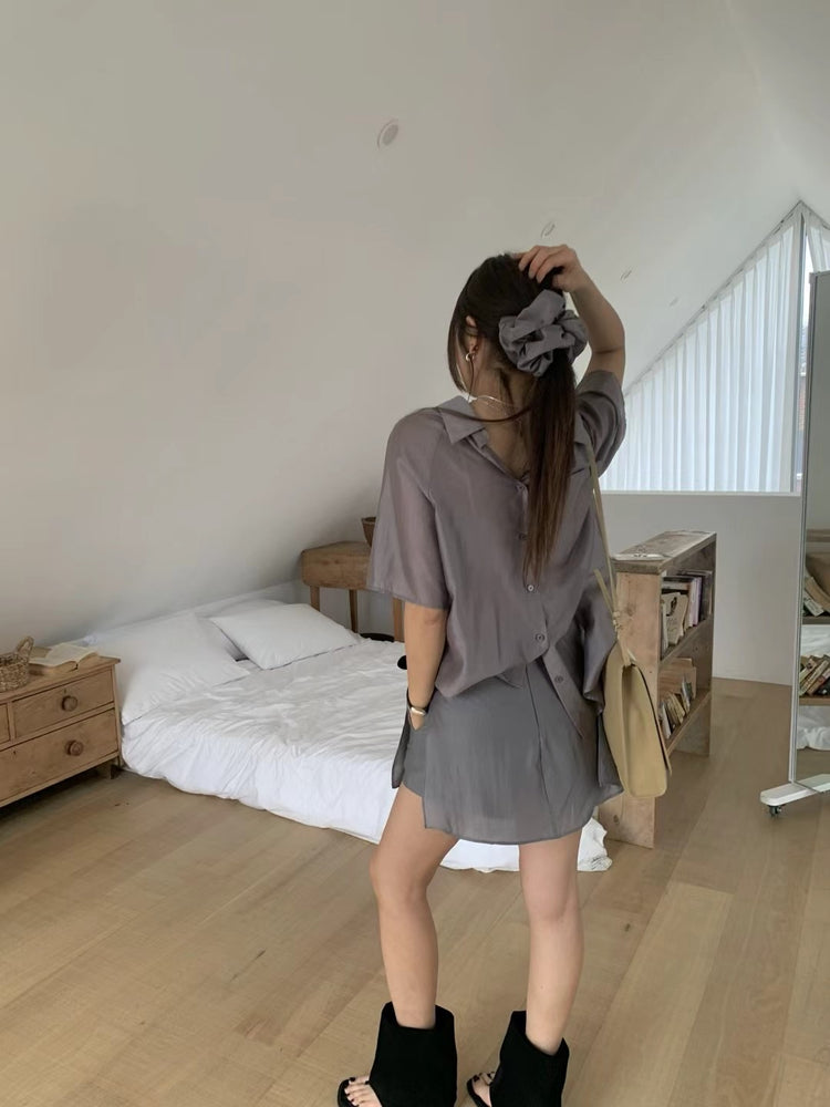 霧面微透膚襯衫套裝(附髮圈)