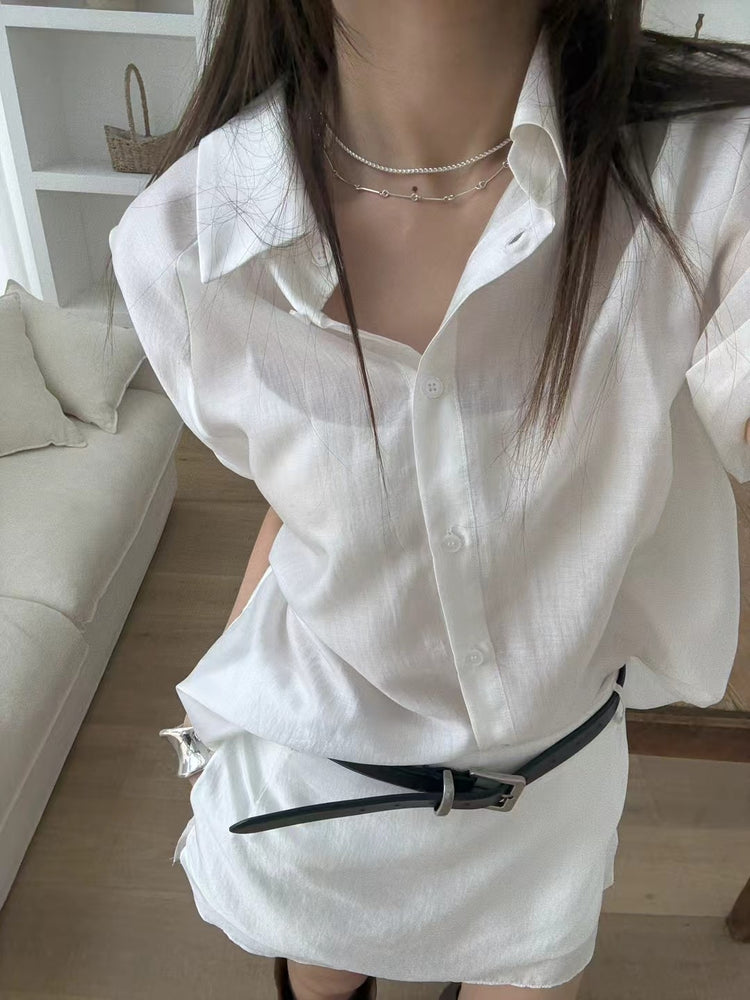 霧面微透膚襯衫套裝(附髮圈)