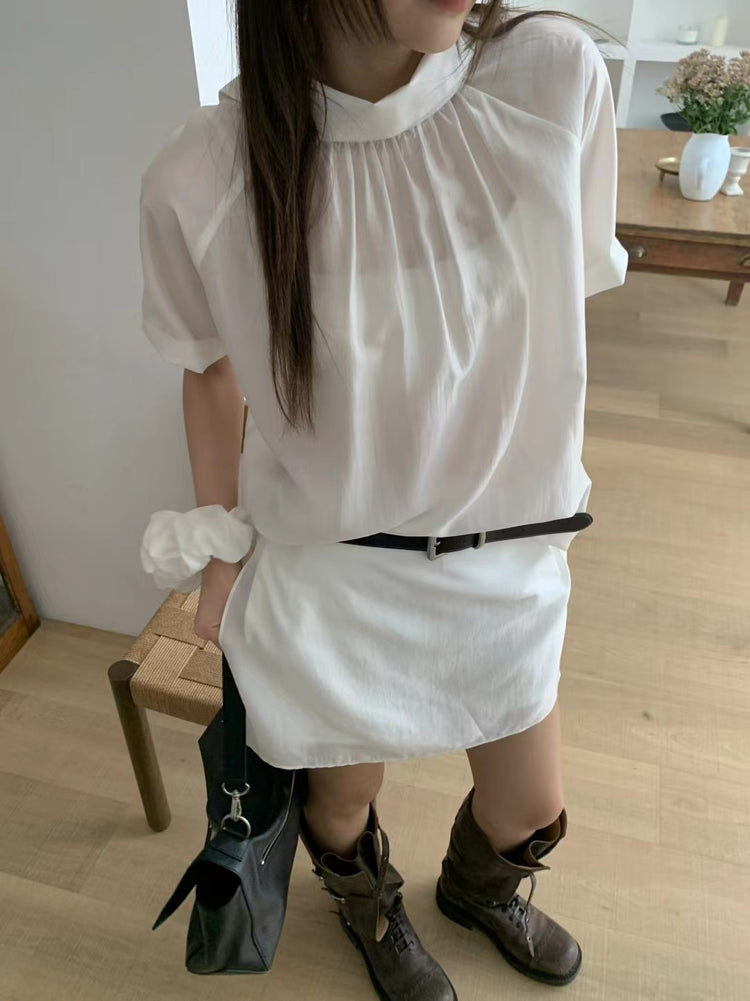 霧面微透膚襯衫套裝(附髮圈)