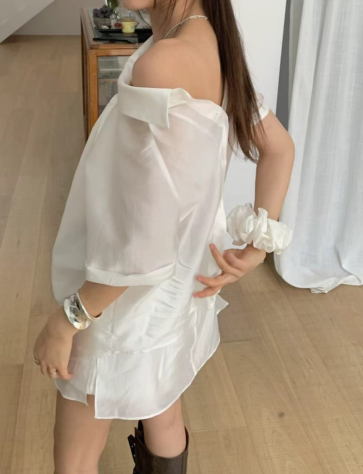 霧面微透膚襯衫套裝(附髮圈)