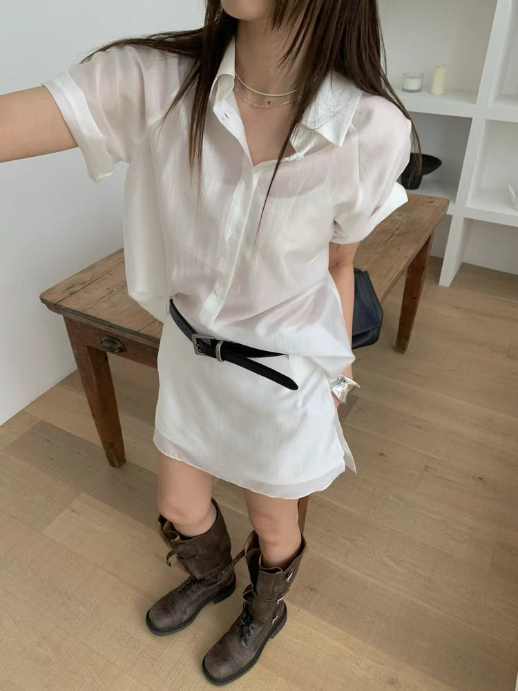 霧面微透膚襯衫套裝(附髮圈)