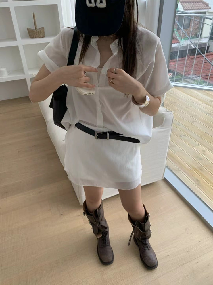 霧面微透膚襯衫套裝(附髮圈)