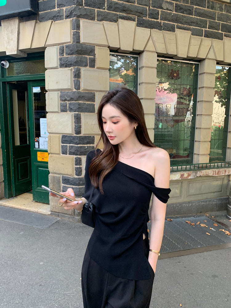 高質美肩側開叉針織上衣