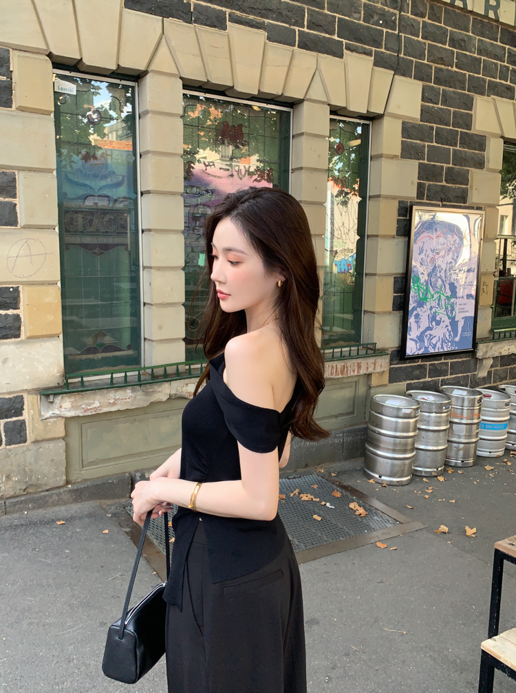 高質美肩側開叉針織上衣