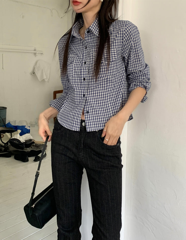 高質輕薄格紋修腰襯衫