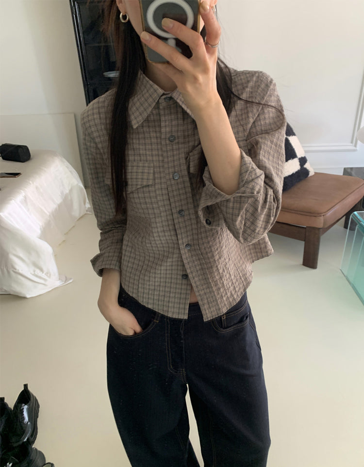 高質輕薄格紋修腰襯衫