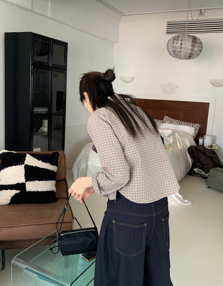 高質輕薄格紋修腰襯衫