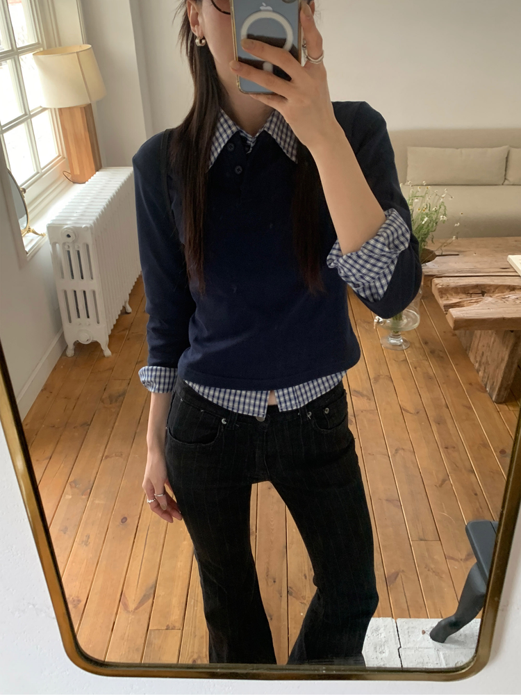 高質輕薄格紋修腰襯衫
