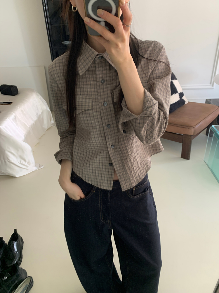 高質輕薄格紋修腰襯衫