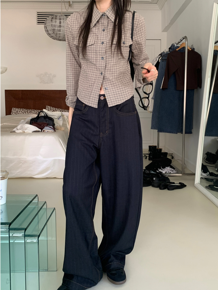 高質輕薄格紋修腰襯衫