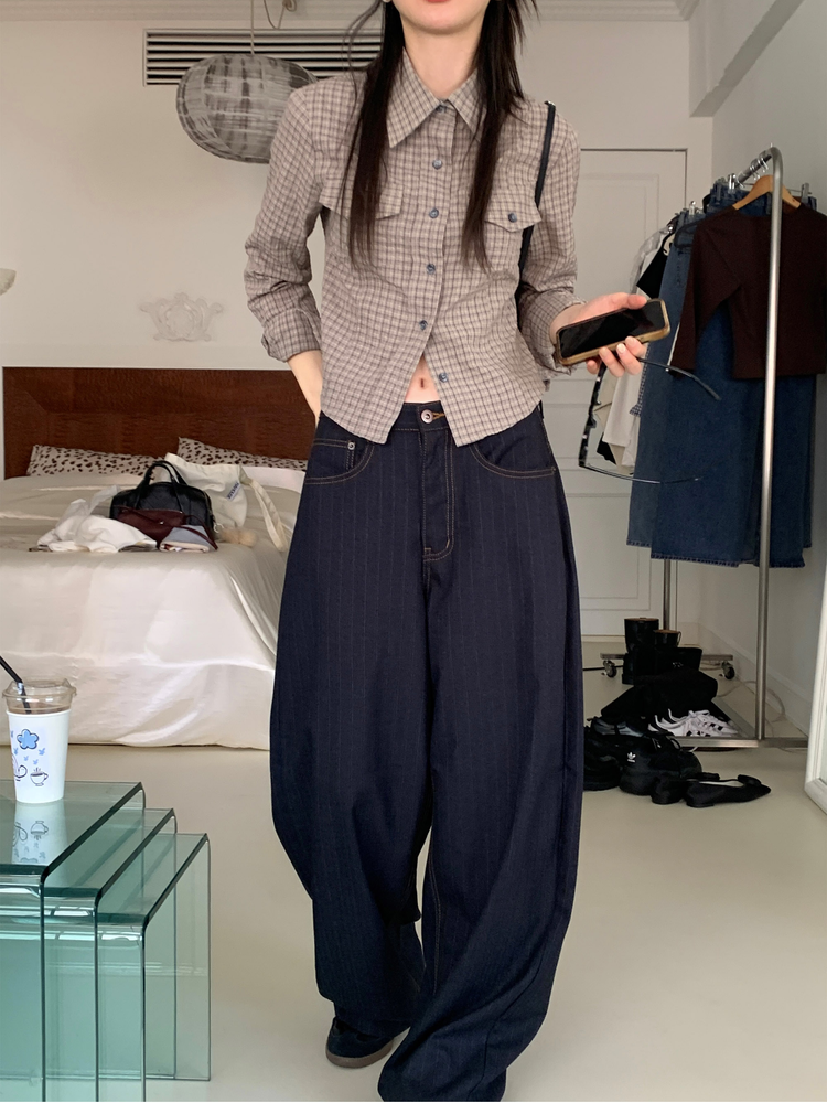 高質輕薄格紋修腰襯衫
