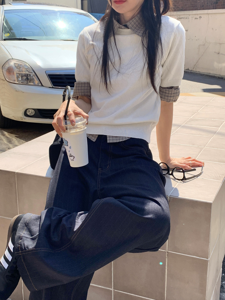 高質輕薄格紋修腰襯衫