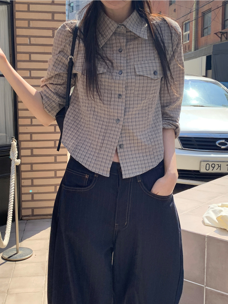 高質輕薄格紋修腰襯衫