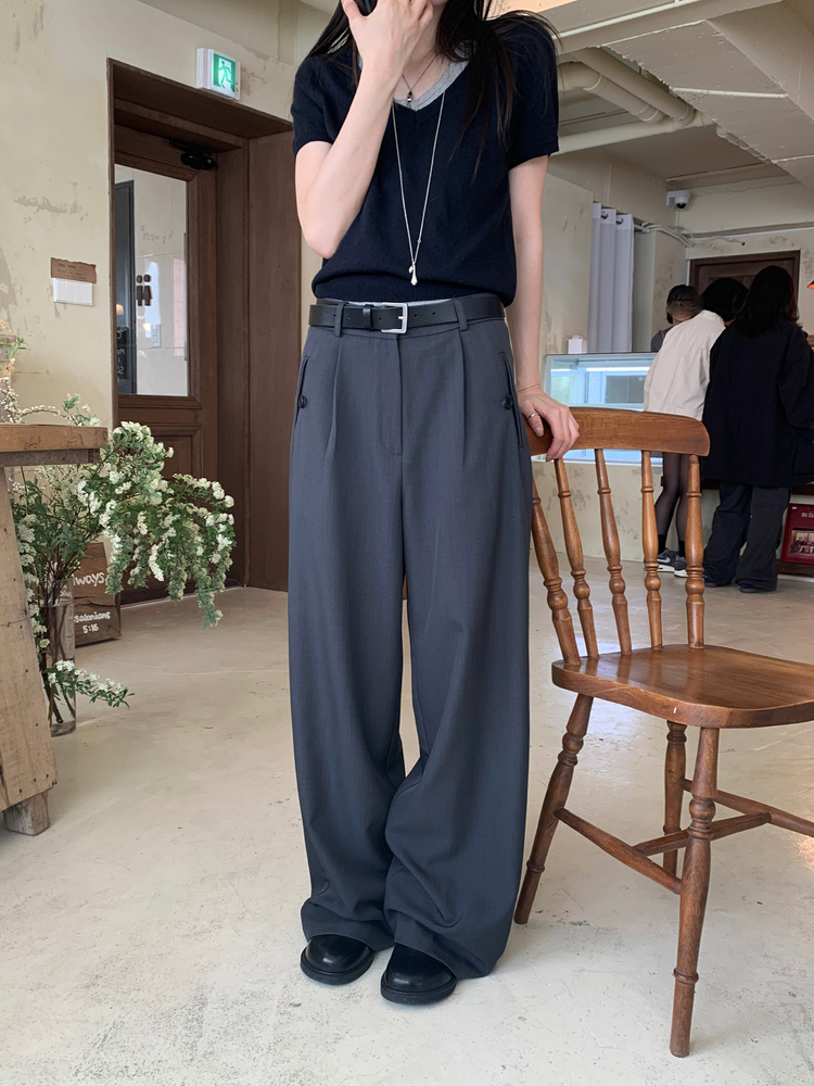 高質口袋細節單褶直褲