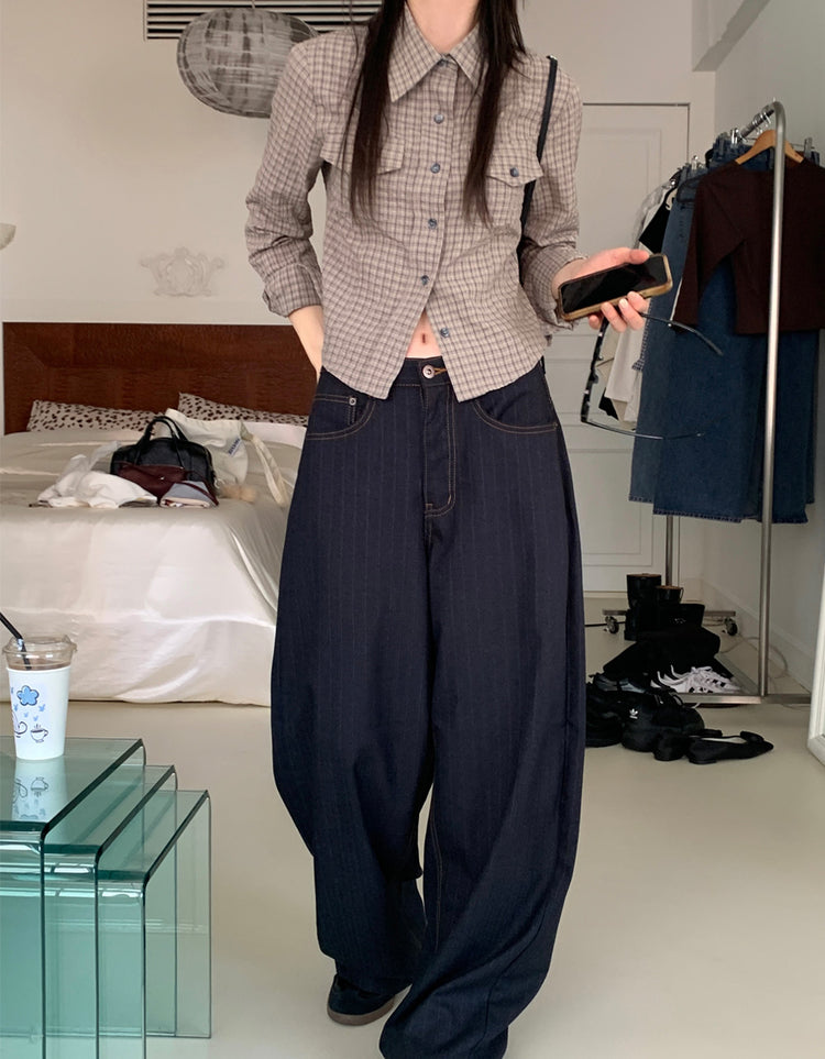 高質滑料垂感條紋繭型褲