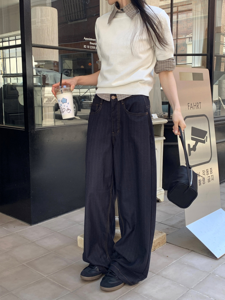 高質滑料垂感條紋繭型褲