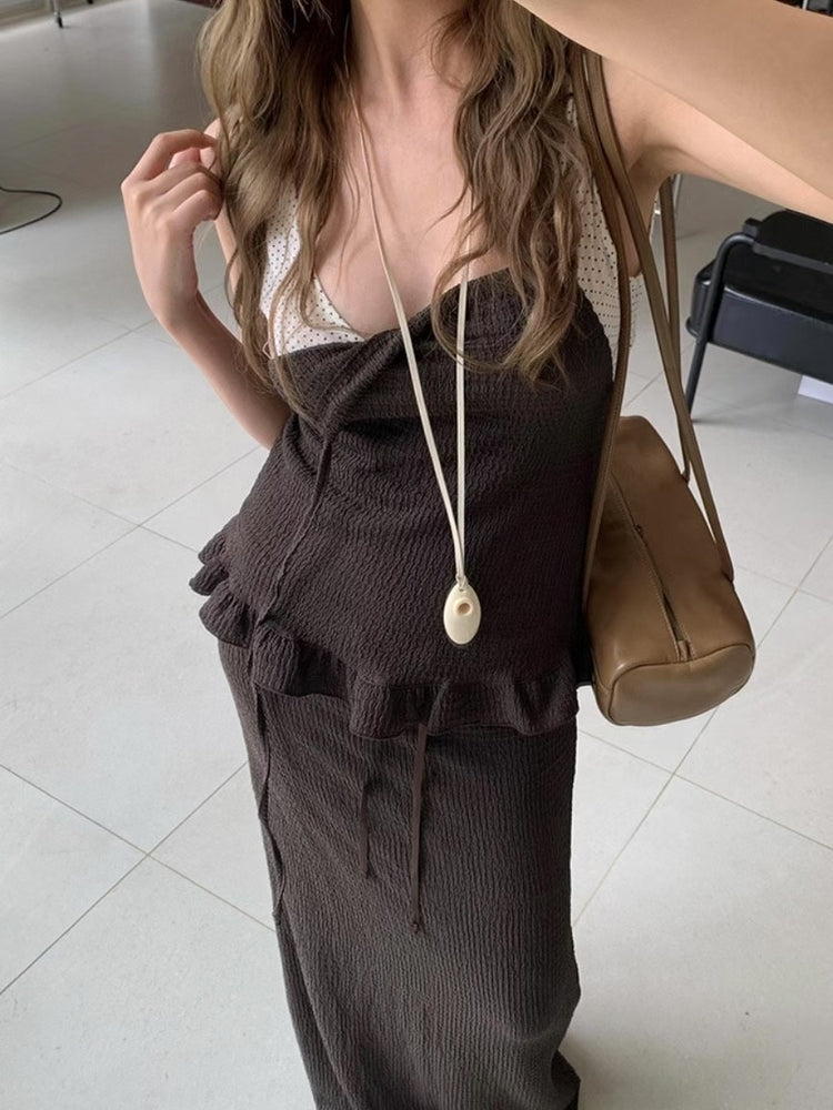 皺皺紋理美背掛脖上衣