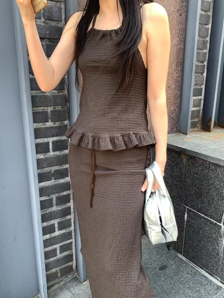 皺皺紋理美背掛脖上衣