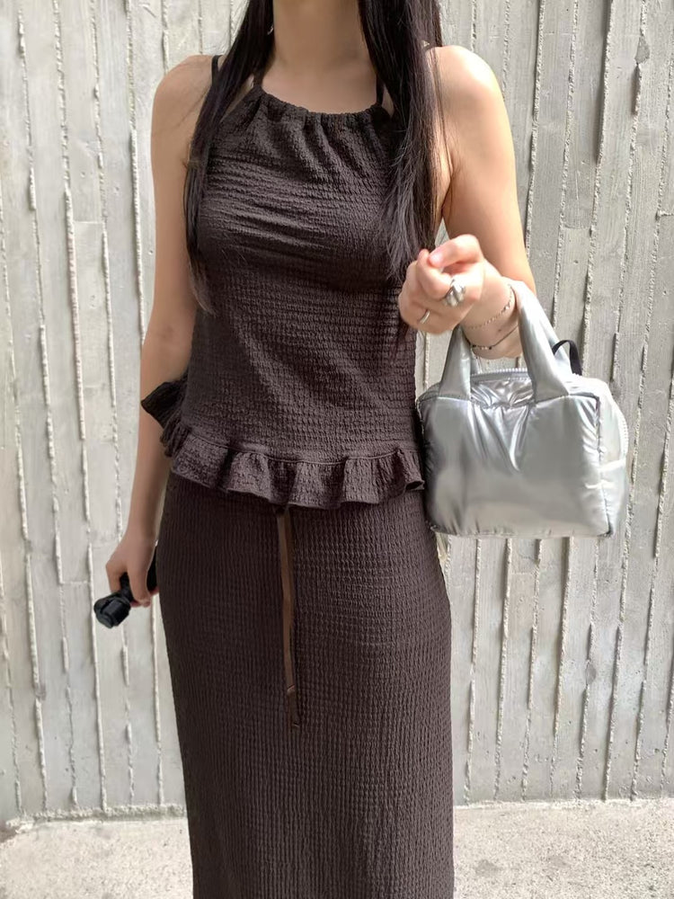 皺皺紋理美背掛脖上衣