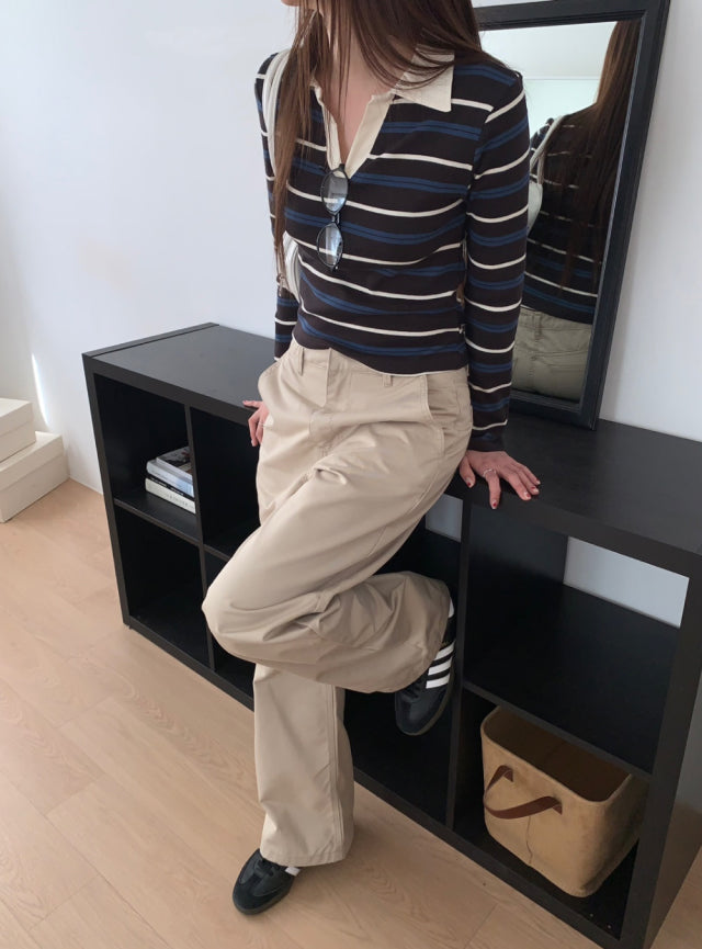 翻領撞色條紋上衣