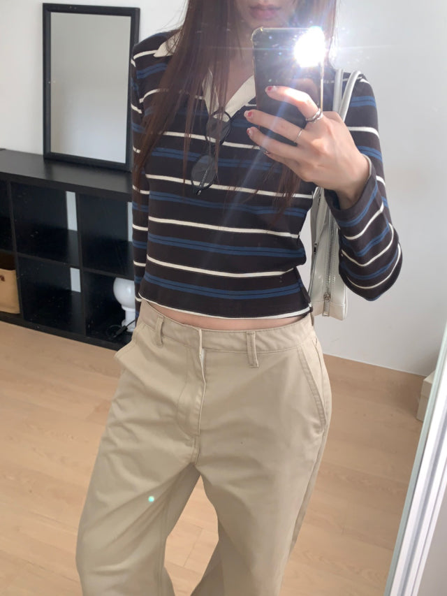 翻領撞色條紋上衣