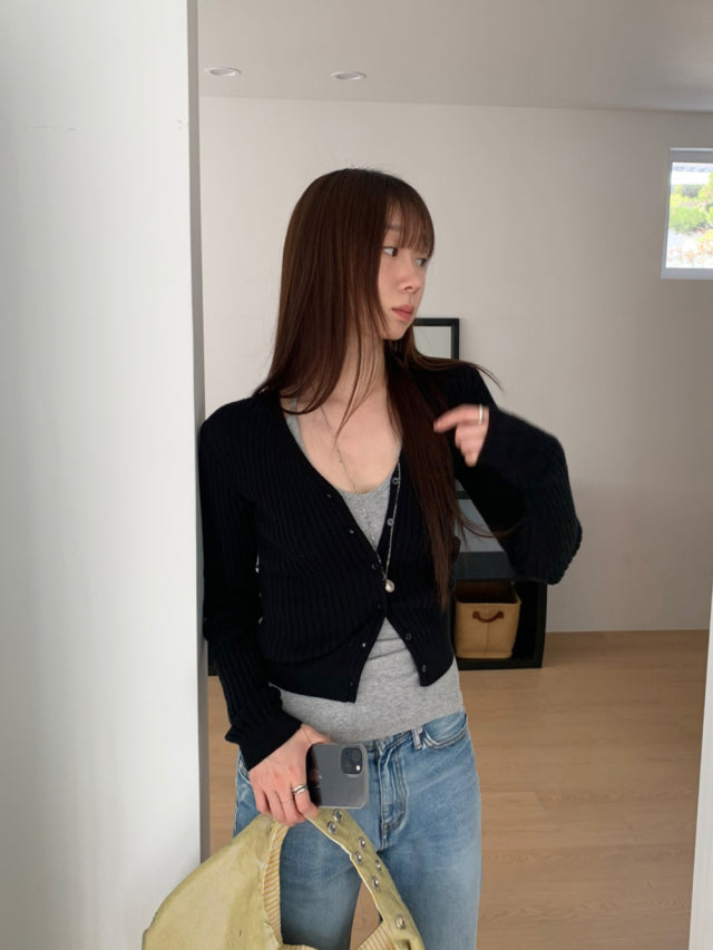 排鈕寬坑紋修身針織上衣