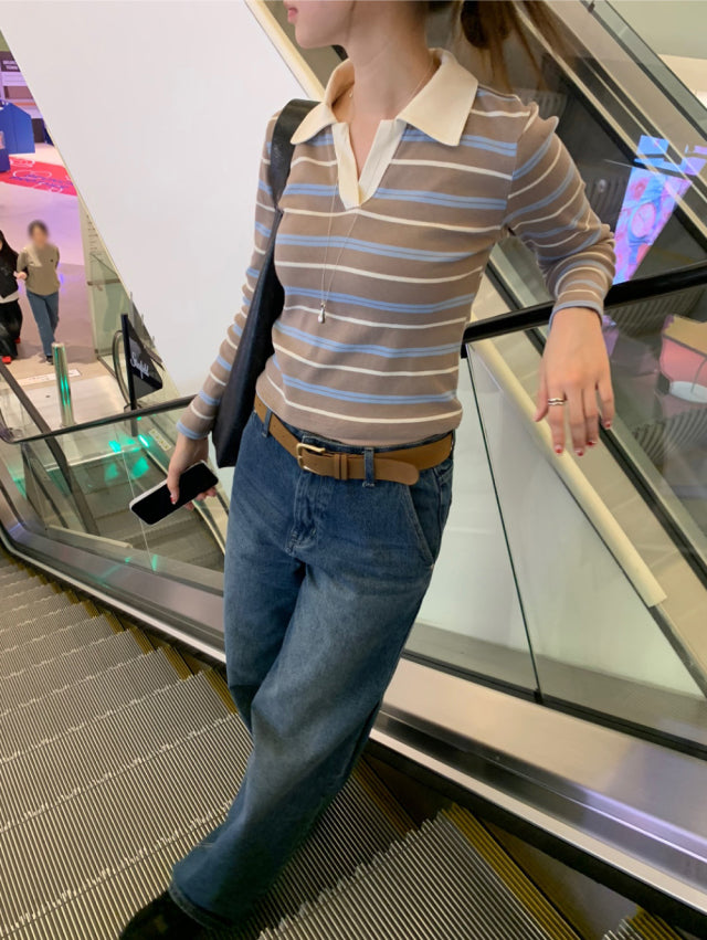 翻領撞色條紋上衣