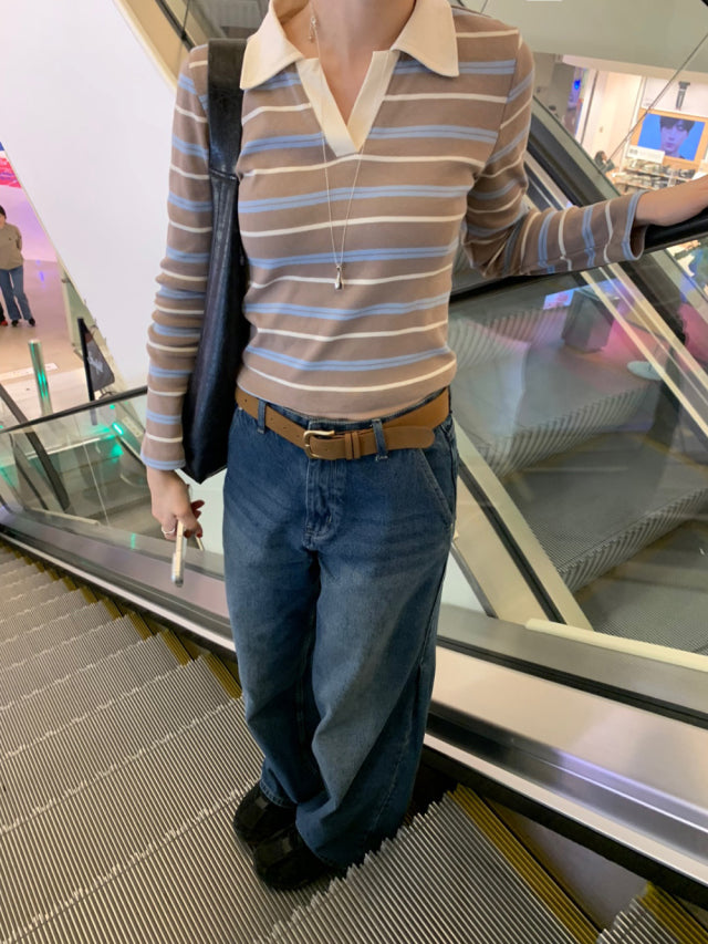 翻領撞色條紋上衣