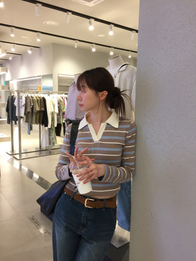 翻領撞色條紋上衣