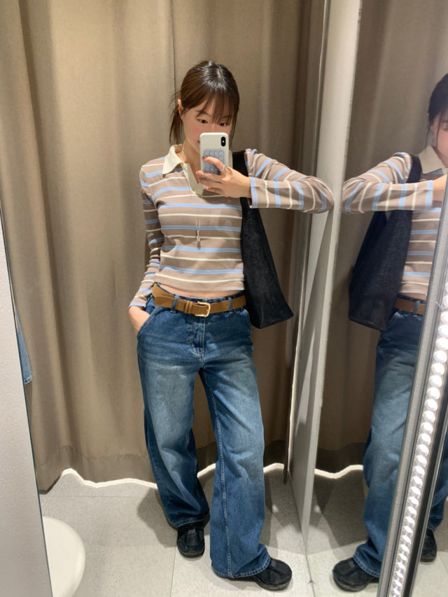 翻領撞色條紋上衣