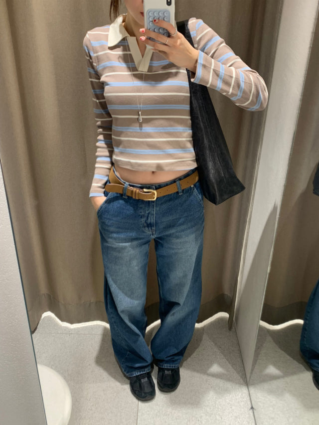 翻領撞色條紋上衣