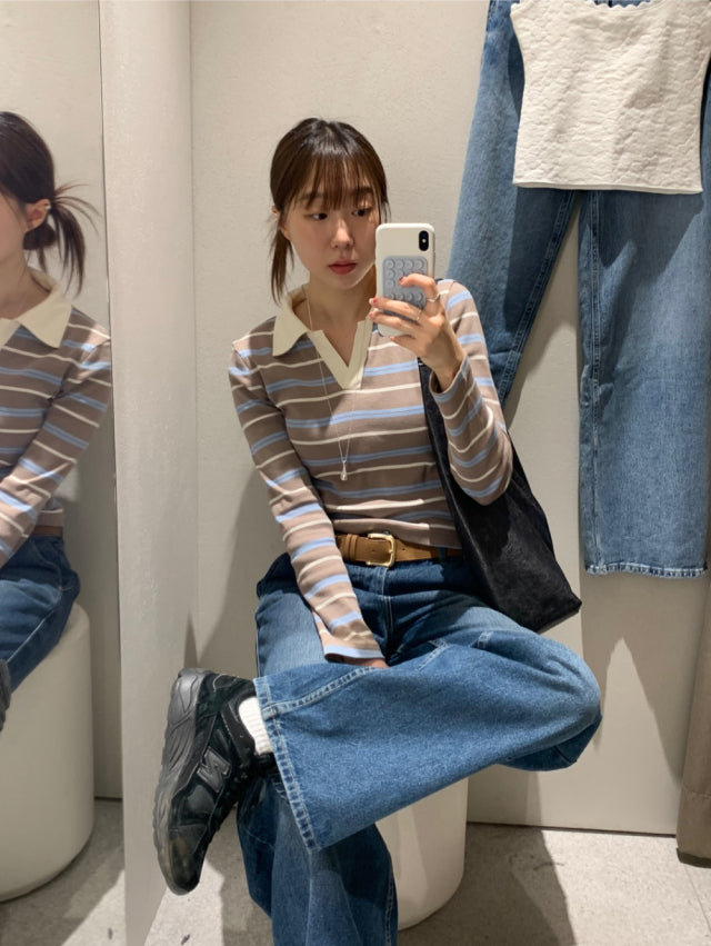翻領撞色條紋上衣