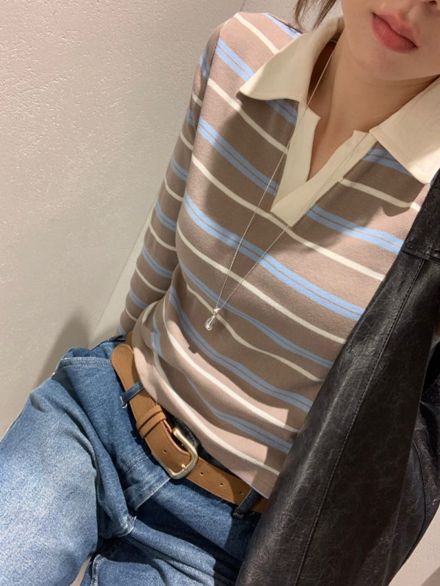 翻領撞色條紋上衣