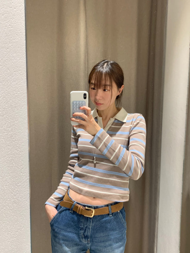 翻領撞色條紋上衣