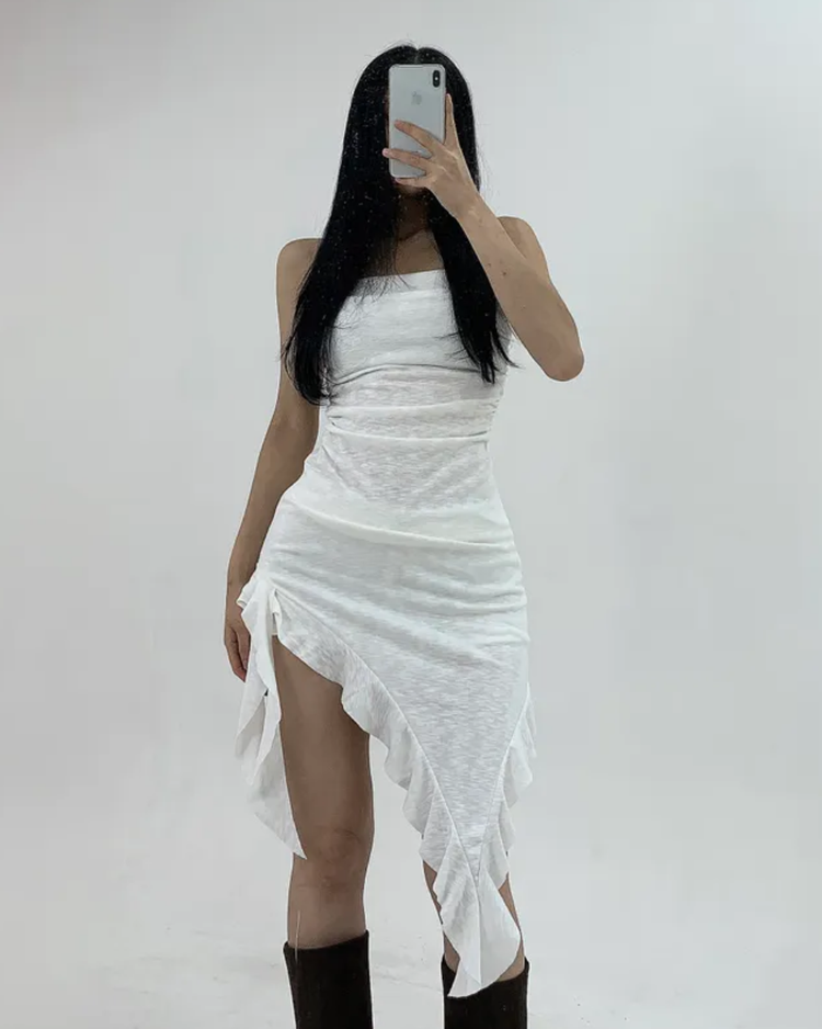 浪漫不規則垂帶細節連身裙上衣
