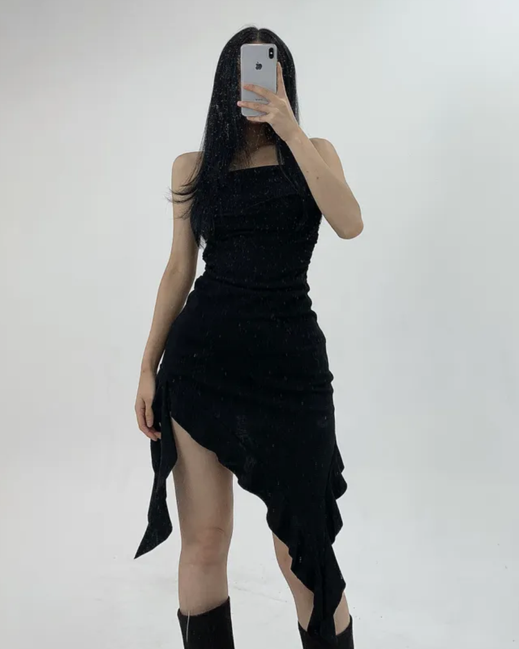 浪漫不規則垂帶細節連身裙上衣
