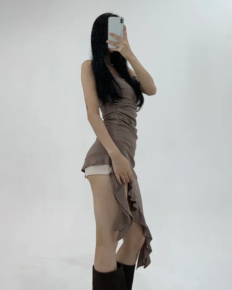 浪漫不規則垂帶細節連身裙上衣