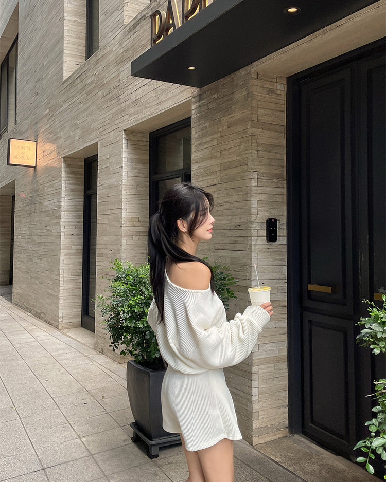 (現)坑紋美肩修身休閒裙褲套裝