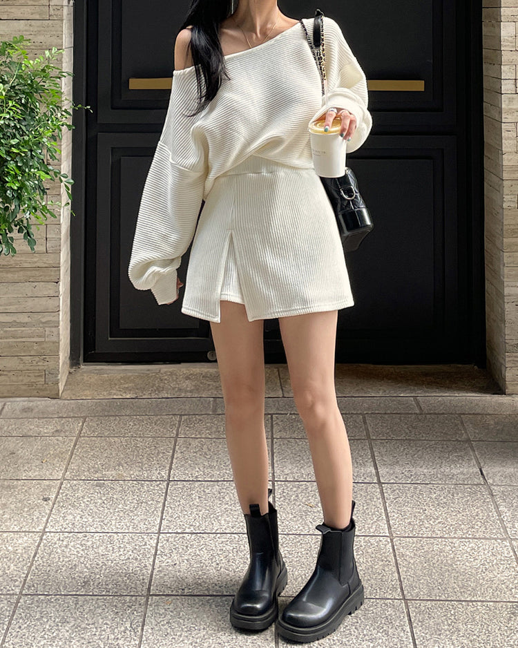 (現)坑紋美肩修身休閒裙褲套裝
