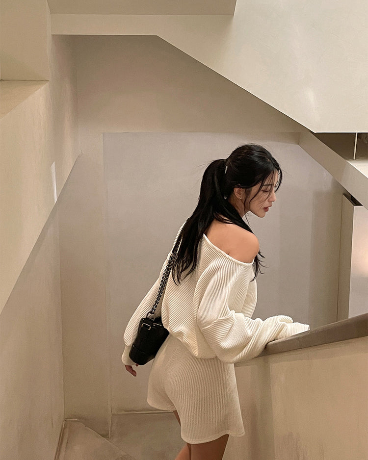 (現)坑紋美肩修身休閒裙褲套裝