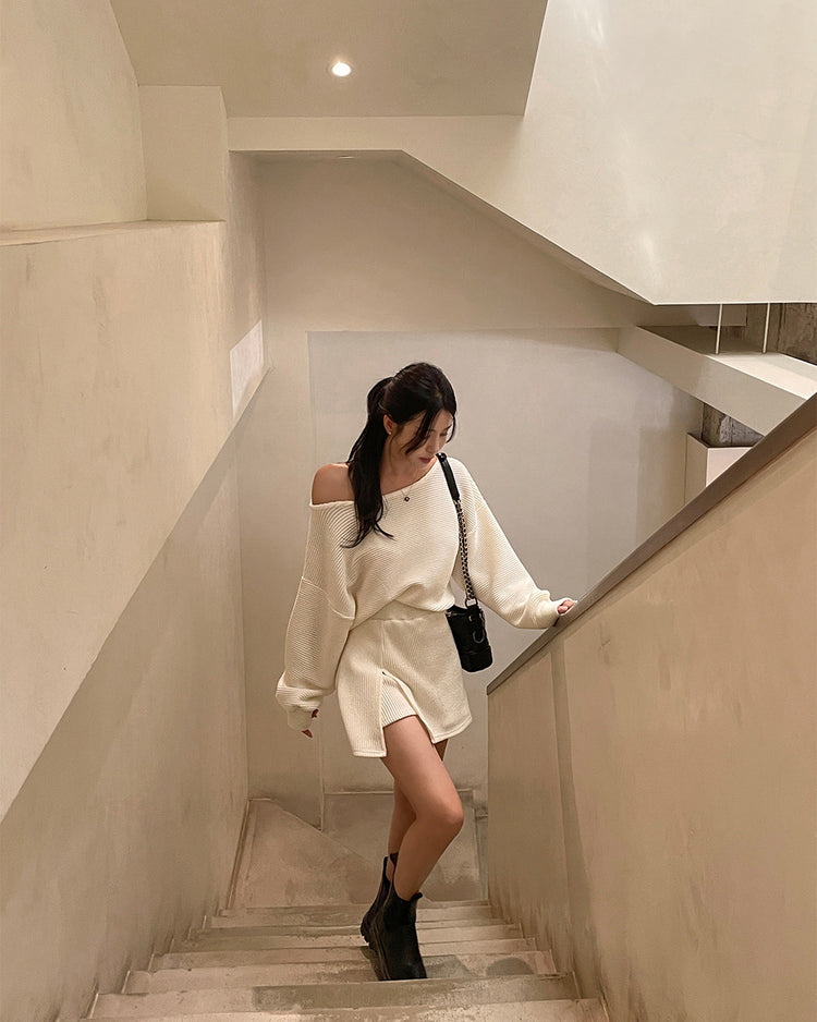 (現)坑紋美肩修身休閒裙褲套裝