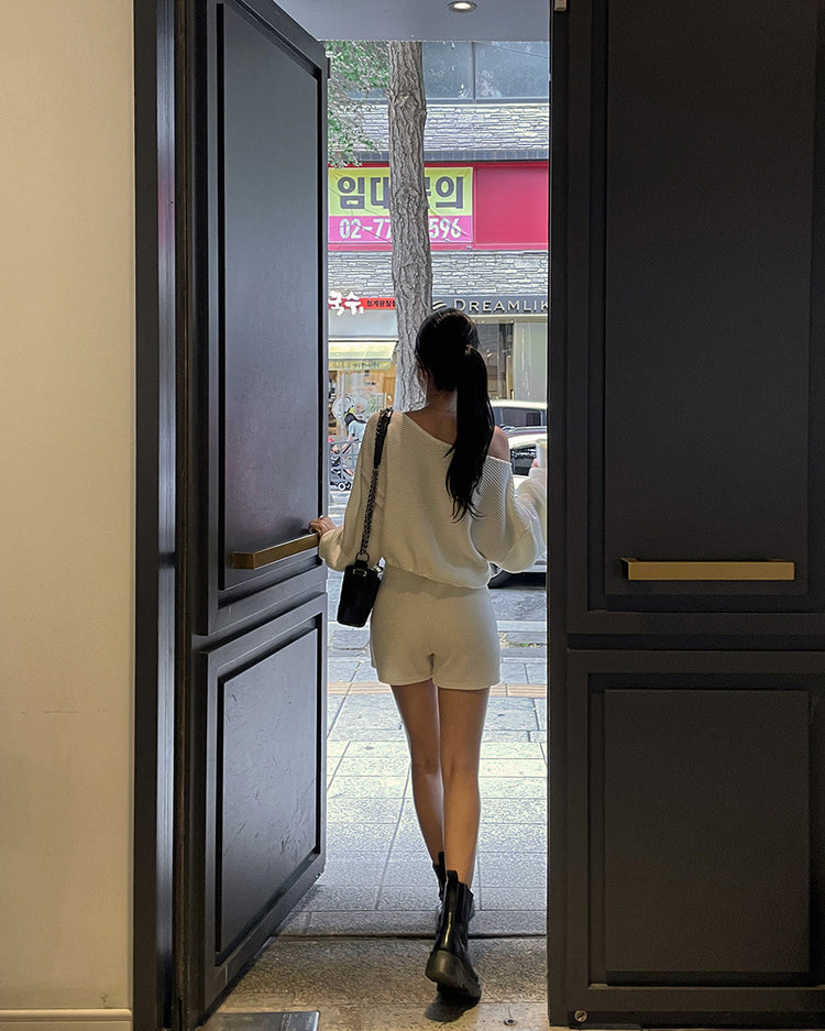 (現)坑紋美肩修身休閒裙褲套裝