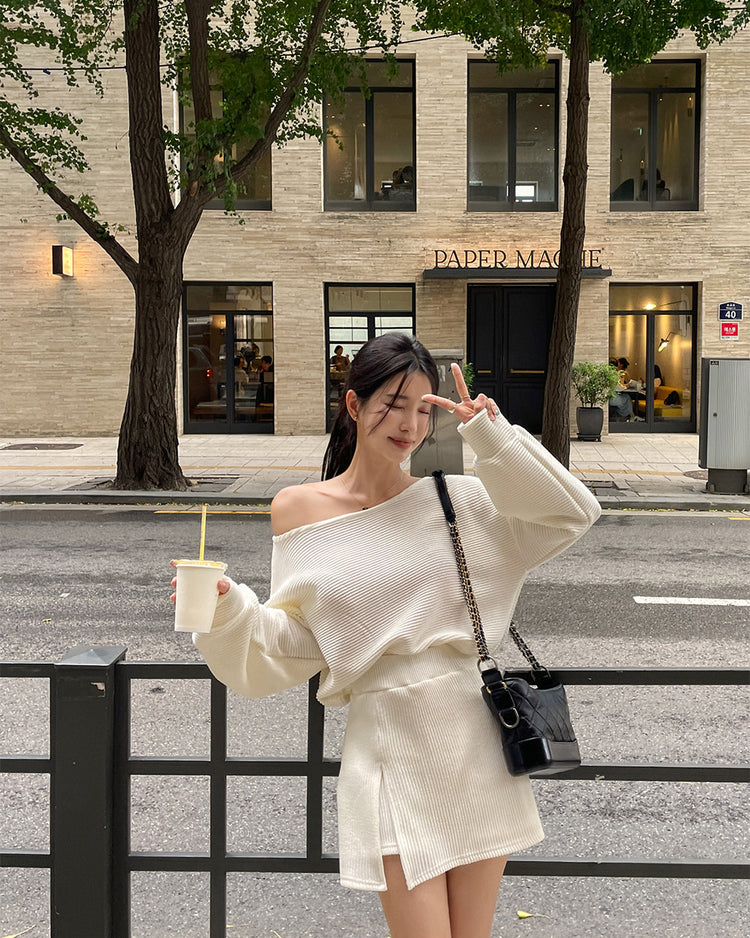 (現)坑紋美肩修身休閒裙褲套裝