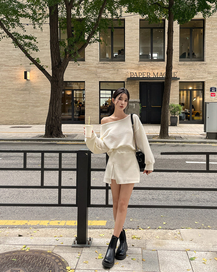 (現)坑紋美肩修身休閒裙褲套裝