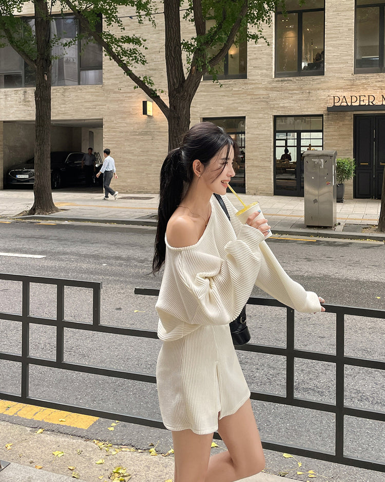 (現)坑紋美肩修身休閒裙褲套裝