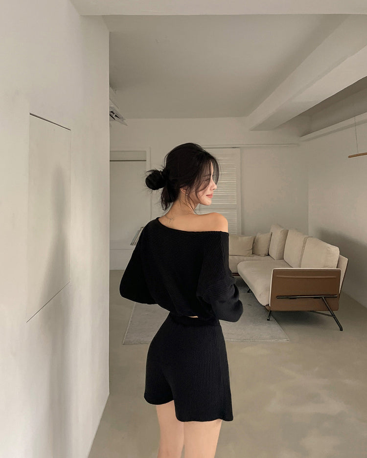 (現)坑紋美肩修身休閒裙褲套裝