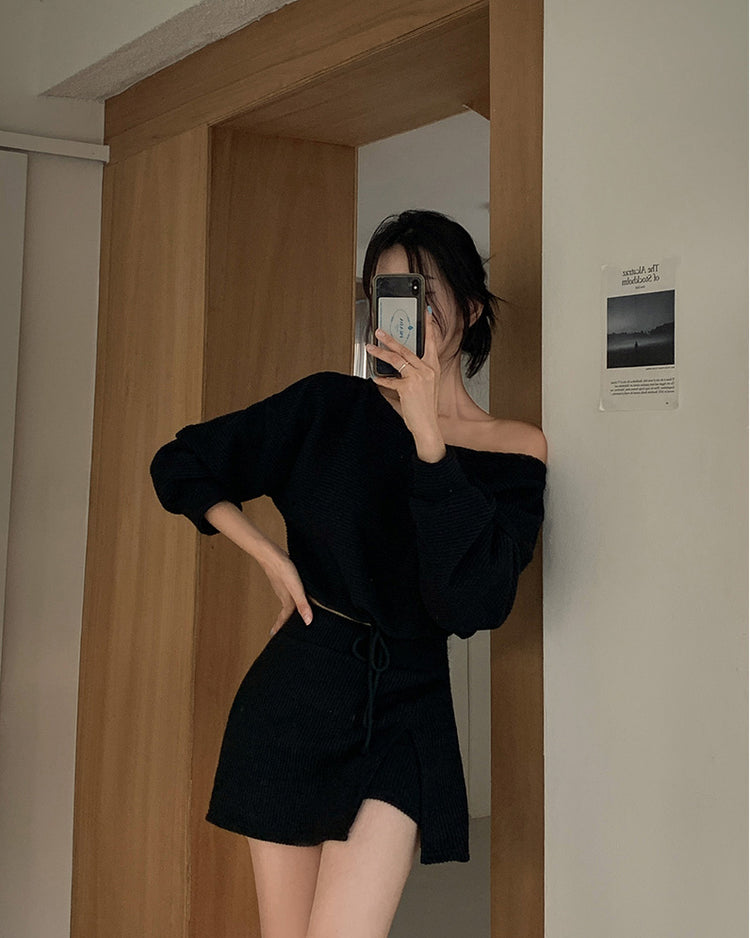(現)坑紋美肩修身休閒裙褲套裝