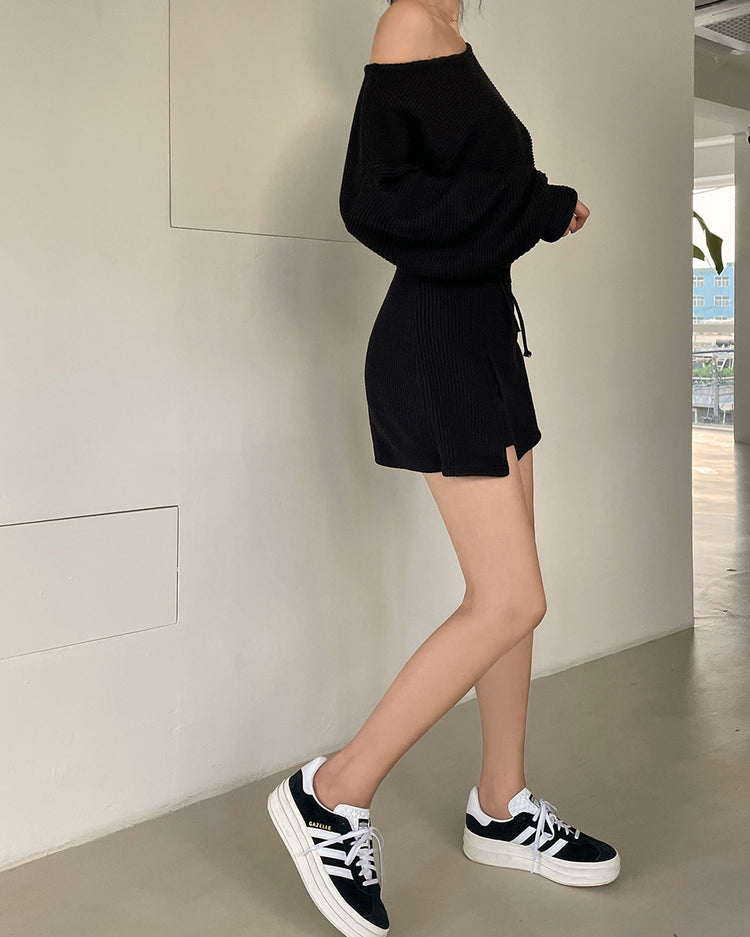 (現)坑紋美肩修身休閒裙褲套裝
