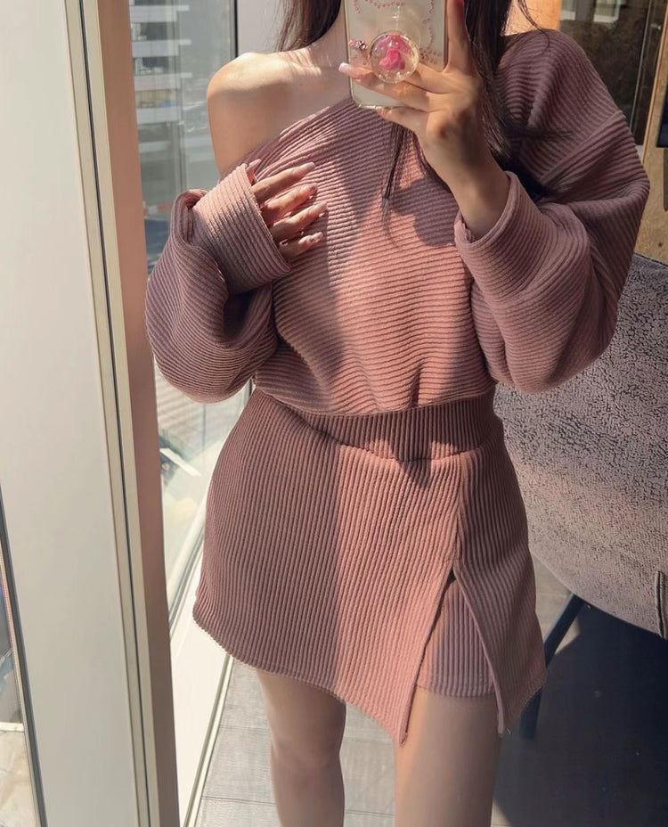 (現)坑紋美肩修身休閒裙褲套裝