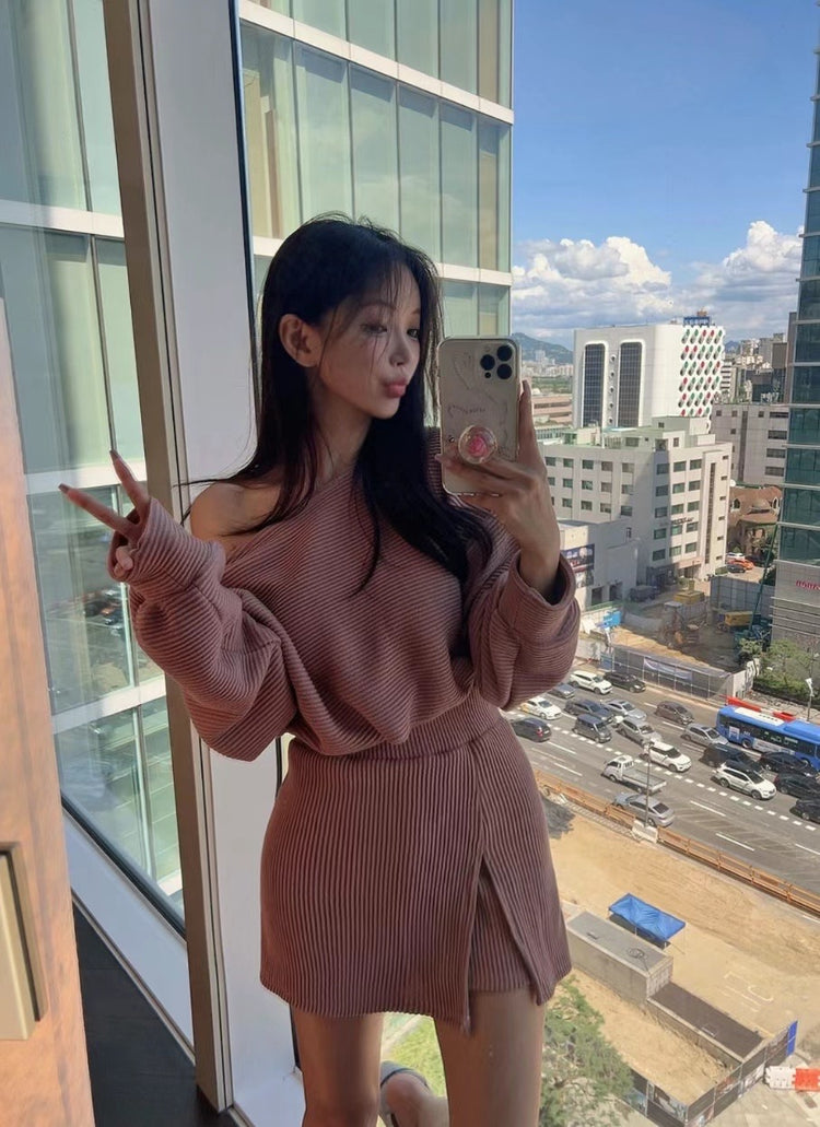 (現)坑紋美肩修身休閒裙褲套裝